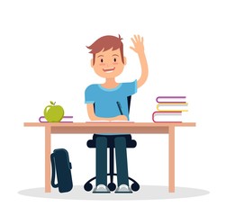 Schoolboy in classroom sitting at his desk and learning. Elementary school pupil raising hand. Vector illustration.