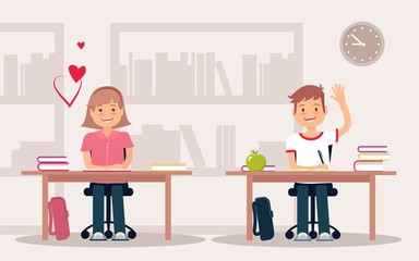 School children in classroom sitting at their desks and behaving differently. Elementary school pupil raising hand. Vector illustration.