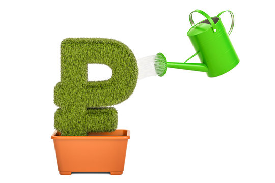 Watering can water grassy ruble symbol. Money plant concept, 3D rendering
