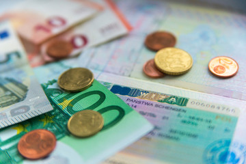 Money and passport with visa stamps