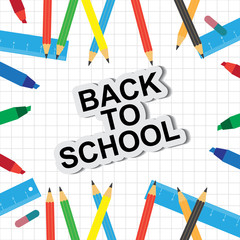 Text back to school  with colorful text and drawings by colored pencils in white background.