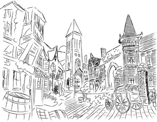 Village scene hand drawn houses and buildings