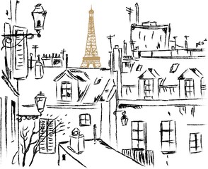 Paris scene Tour Eiffel hand drawn design black and white