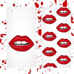 Phone case collection.Cosmetics and makeup pattern. Closeup beautiful lips of woman with red lipstick and gloss. Sexy wet lip make-up.