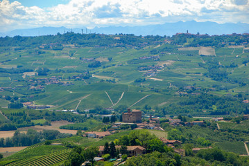 Fototapeta na wymiar View of the Langhe hills with the Castle of Grinzane Cavour