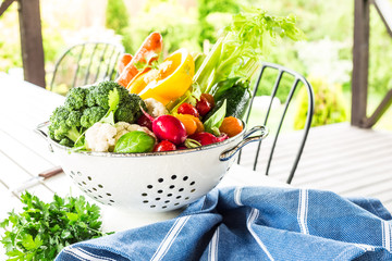 Garden - colorful spring vegetables in colander outdoor