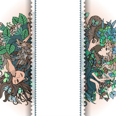 Fototapeta premium Vertical frame for banner. Creative pattern with female faces, leaves, waves, flowers. Abstract boho vector design.