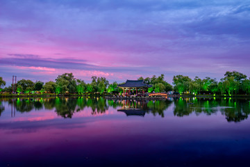 Sunset in the pond of Gungnamji in Buyeo, Korea.