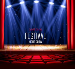 A theater stage with a red curtain and a spotlight. Festival night show poster. Vector. - obrazy, fototapety, plakaty