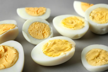 Sliced hard boiled eggs, closeup. Nutrition concept