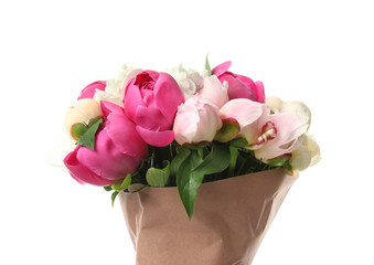 Bouquet of beautiful peony flowers on white background, closeup