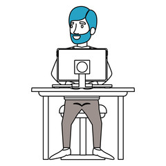 silhouette color sections of bearded man with formal suit and side parted hair and sitting in chair in desk with computer vector illustration