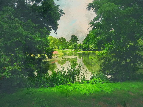 Green park and lake in Amsterdam. Watercolor. Oil painting style.