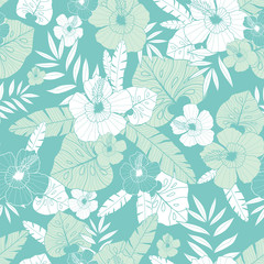 Vector light green and blue tropical summer hawaiian seamless pattern with tropical plants, leaves, and hibiscus flowers. Great for vacation themed fabric, wallpaper, packaging.