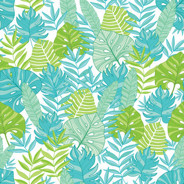 Vector blue green tropical leaves summer hawaiian seamless pattern with tropical plants and leaves on navy blue background. Great for vacation themed fabric, wallpaper, packaging.