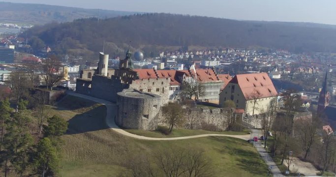 aerial over historical castle in south Germany with drone view over the city Heidenheim, Schloss Hellenstein, Germany