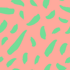 Brush stroke random lines seamless vector pattern. Rough-edged light green leaf silhouettes on pink background. Tropical colors. Handmade, modern and stylish fashion texture.