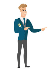 Young caucasian groom pointing to the side.