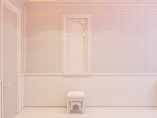 3d illustration hall interior design of a hotel room in a traditional Islamic style. Beautiful deluxe room background interior view decorated with arabian motifs. Render in white without textures