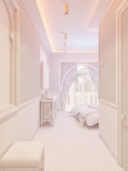 3d illustration bedroom interior design of a hotel room in a traditional Islamic style. Beautiful deluxe room background interior view decorated with arabian motifs. Render in white without textures