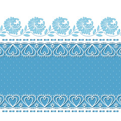 Background for greeting card or invitation with lace borders and embroidery. Vector Illustration