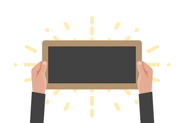 Hand holding sign board vector illustration. Chalkboard