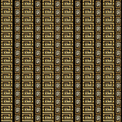 Striped geometric seamless pattern with vertical gold 3d greek key and vintage  ornaments. Modern black vector background wallpaper with surface antique ornamental gold stripes.