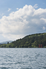 Fototapeta na wymiar Fresh green and Hakone shrine red torii gate from Lake Ashi in Hakone, Kanagawa Prefecture, Japan