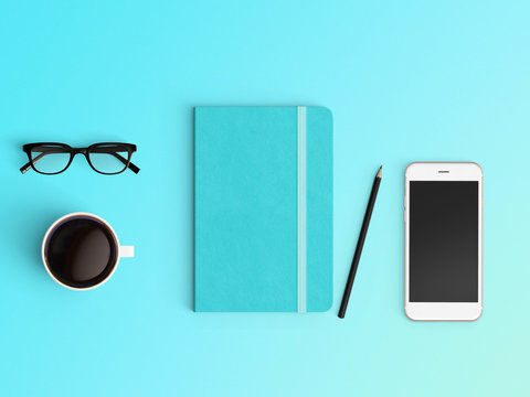 Modern office desk workplace with notebook diary, coffee cup, pencil and smartphone copy space on color background. Top view. Flat lay style.