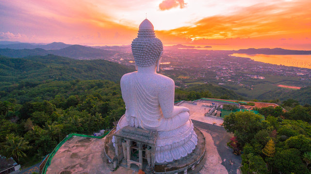 aerial photography the white great Phuket’s big Buddha in the morning..