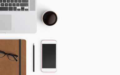Modern workspace with laptop, coffee cup and smartphone copy space on color background. Top view. Flat lay style.