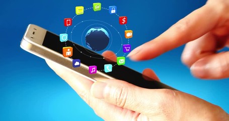 4k browsing world of information on a smartphone,rotation earth,virtual internet concept,on-line services icons-discussion,social media,e-mail,e-shop,cloud computing,music,smartphone,chart,lock.