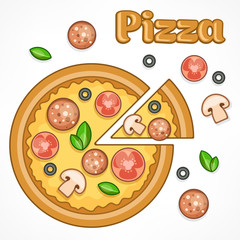 Homemade pizza with salami, tomato and mushrooms on white, food.