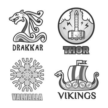 Viking scandinavian ancient warriors labels set of ship, arms shields and helmet