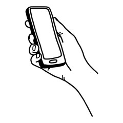 right hand holding smartphone - vector illustration sketch hand drawn with black lines, isolated on white background