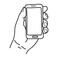 left hand holding small mobile phone - vector illustration sketch hand drawn with black lines, isolated on white background