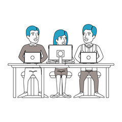 silhouette color sections of teamwork sitting in desk with tech devices computer business people vector illustration