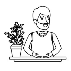 black silhouette closeup half body bearded man assistant in desk in formal suit vector illustration