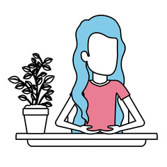 silhouette color sections of half body faceless woman assistant in desk with long wavy hair vector illustration