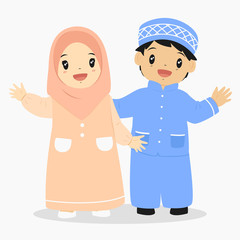 happy muslim boy and girl waving their hand 