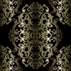 Baroque seamless pattern. Black floral damask background wallpaper illustration with gold  vintage flowers, scroll swirl art line leaves and antique 3d  baroque ornaments. Vector surface dark texture