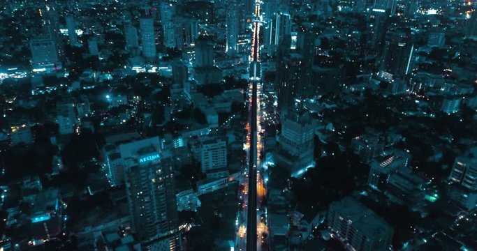 Aerial drone view of Bangkok during beautiful cloudy night