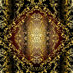  Baroque seamless pattern. Dark damask background. Floral 3d wallpaper illustration with vintage gold  flowers, scroll swirl leaves and antique Baroque ornaments. Vector surface texture with shadows.