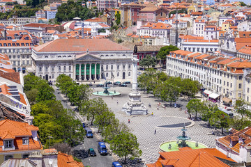 Aerial view over Dom Pedro Square in Lisbon Rossio with National Theater