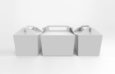 Realistic take away food box mock up set isolated on white background 3d render illustration. Blank white cardboard carry package, product container, empty food box. Take away food box template.