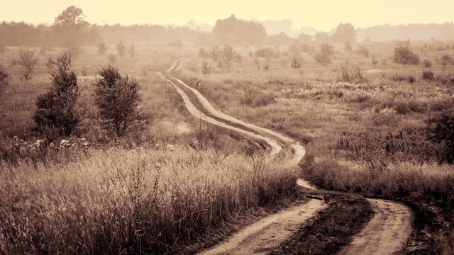 Empty countryside road through fields with fog and tree in the distance. Retro toned.