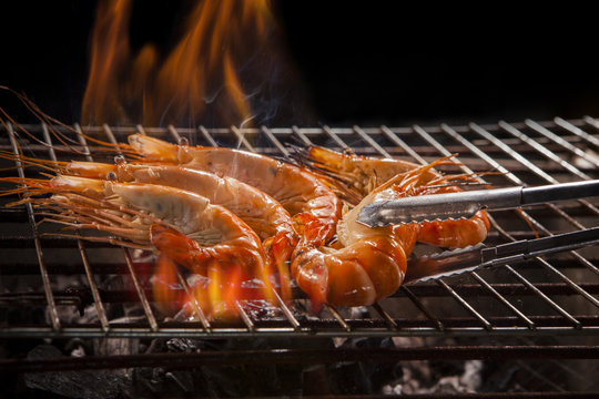 shrimp ,prawn grilled on barbecue stove