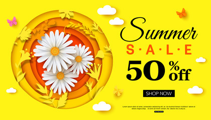 Summer sale background banner with beautiful flower. Paper style. Vector illustration. - obrazy, fototapety, plakaty