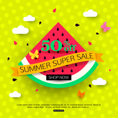 Sale banner with summer juicy watermelon on green background. Vector illustration