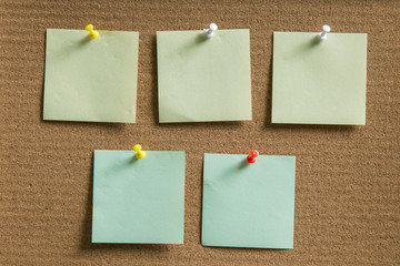 Cork board with blank paper notes for add text message.